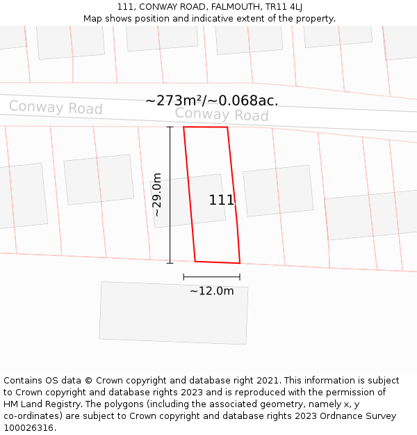 111, CONWAY ROAD, FALMOUTH, TR11 4LJ: Plot and title map