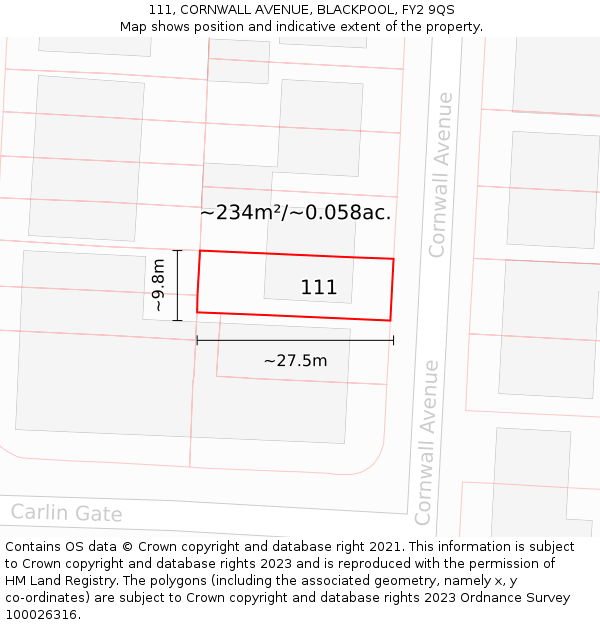 111, CORNWALL AVENUE, BLACKPOOL, FY2 9QS: Plot and title map