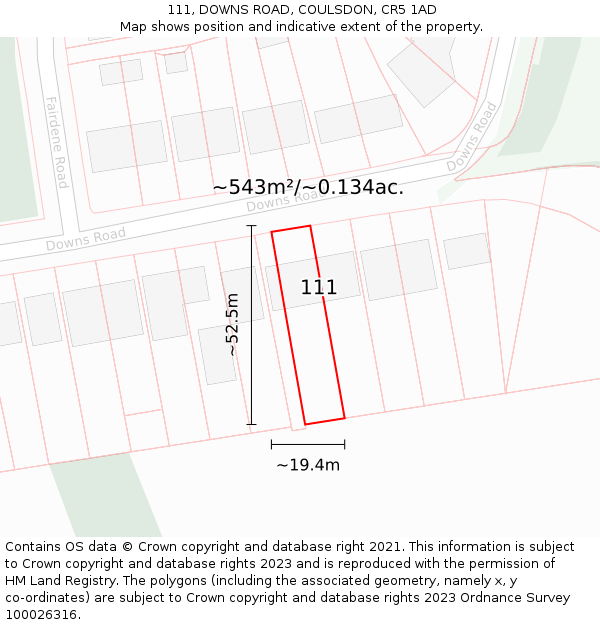 111, DOWNS ROAD, COULSDON, CR5 1AD: Plot and title map