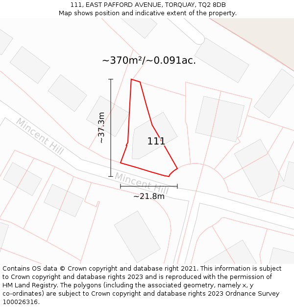 111, EAST PAFFORD AVENUE, TORQUAY, TQ2 8DB: Plot and title map