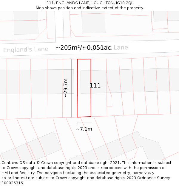 111, ENGLANDS LANE, LOUGHTON, IG10 2QL: Plot and title map