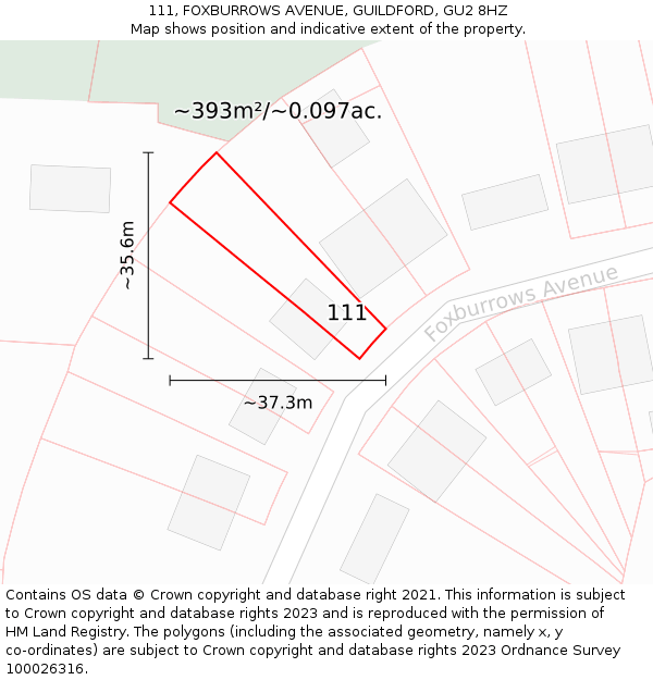 111, FOXBURROWS AVENUE, GUILDFORD, GU2 8HZ: Plot and title map