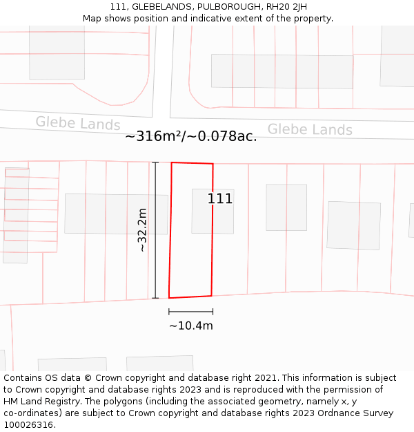 111, GLEBELANDS, PULBOROUGH, RH20 2JH: Plot and title map