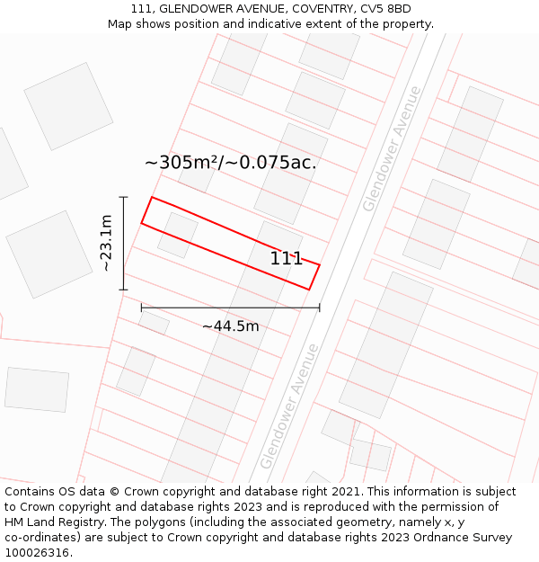 111, GLENDOWER AVENUE, COVENTRY, CV5 8BD: Plot and title map