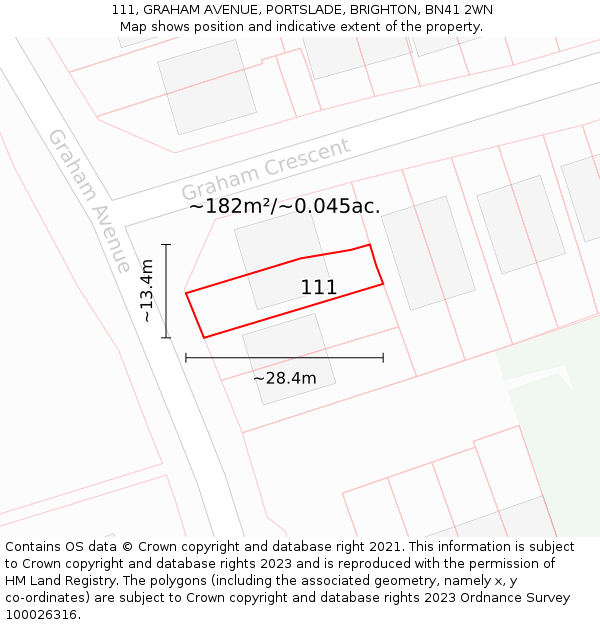 111, GRAHAM AVENUE, PORTSLADE, BRIGHTON, BN41 2WN: Plot and title map