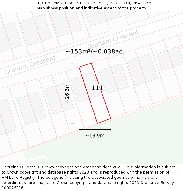 111, GRAHAM CRESCENT, PORTSLADE, BRIGHTON, BN41 2YA: Plot and title map