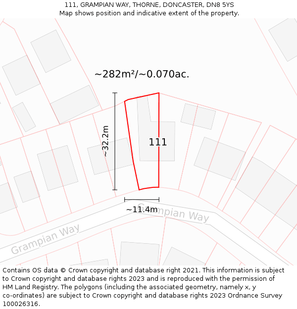 111, GRAMPIAN WAY, THORNE, DONCASTER, DN8 5YS: Plot and title map