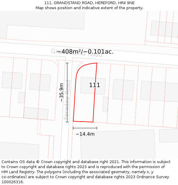 111, GRANDSTAND ROAD, HEREFORD, HR4 9NE: Plot and title map