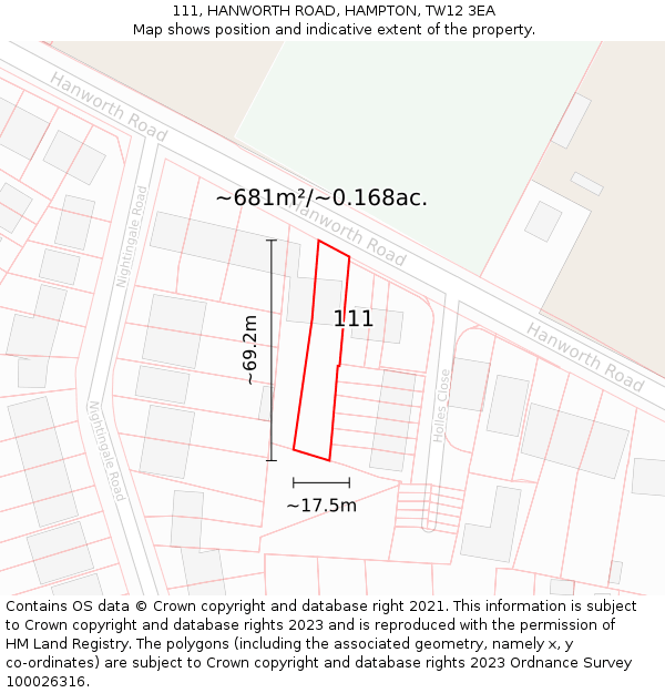 111, HANWORTH ROAD, HAMPTON, TW12 3EA: Plot and title map