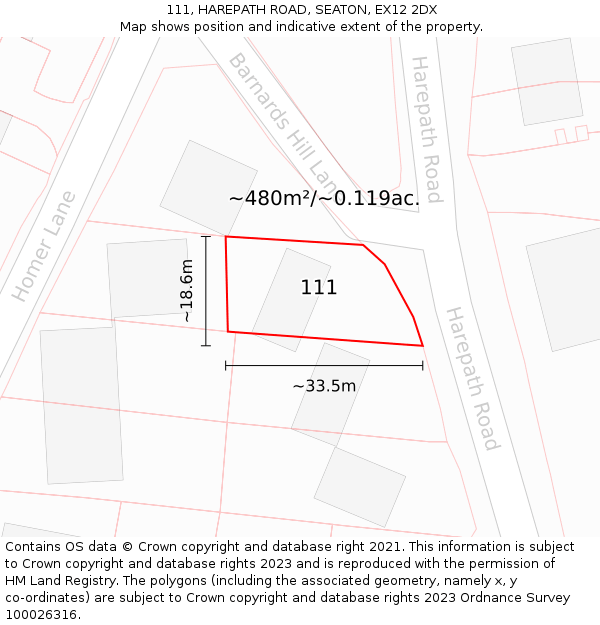 111, HAREPATH ROAD, SEATON, EX12 2DX: Plot and title map