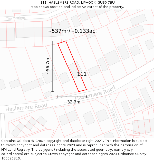 111, HASLEMERE ROAD, LIPHOOK, GU30 7BU: Plot and title map