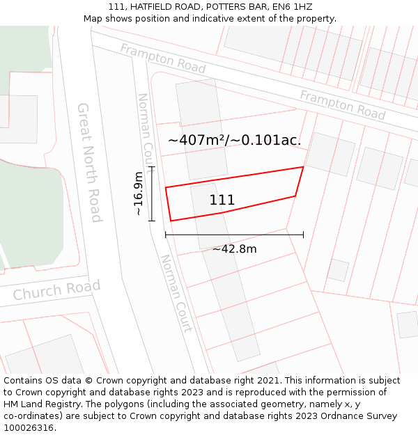 111, HATFIELD ROAD, POTTERS BAR, EN6 1HZ: Plot and title map