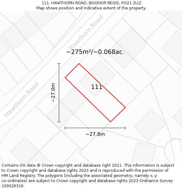 111, HAWTHORN ROAD, BOGNOR REGIS, PO21 2UZ: Plot and title map