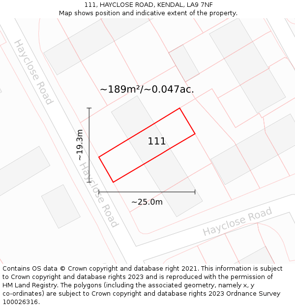 111, HAYCLOSE ROAD, KENDAL, LA9 7NF: Plot and title map