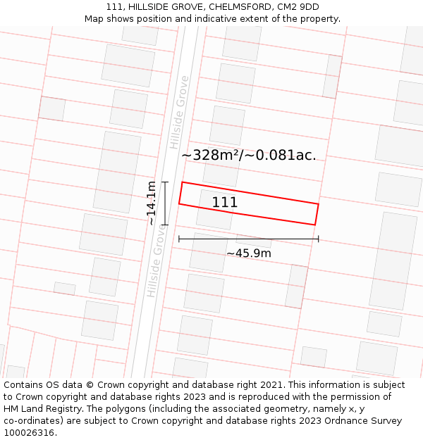 111, HILLSIDE GROVE, CHELMSFORD, CM2 9DD: Plot and title map