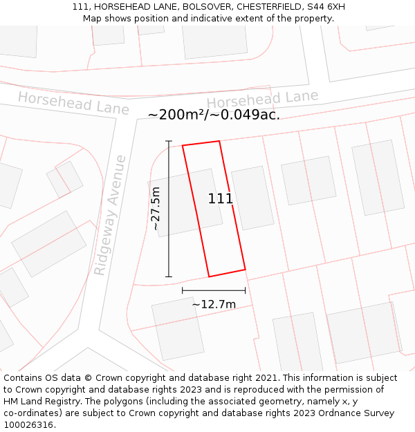 111, HORSEHEAD LANE, BOLSOVER, CHESTERFIELD, S44 6XH: Plot and title map