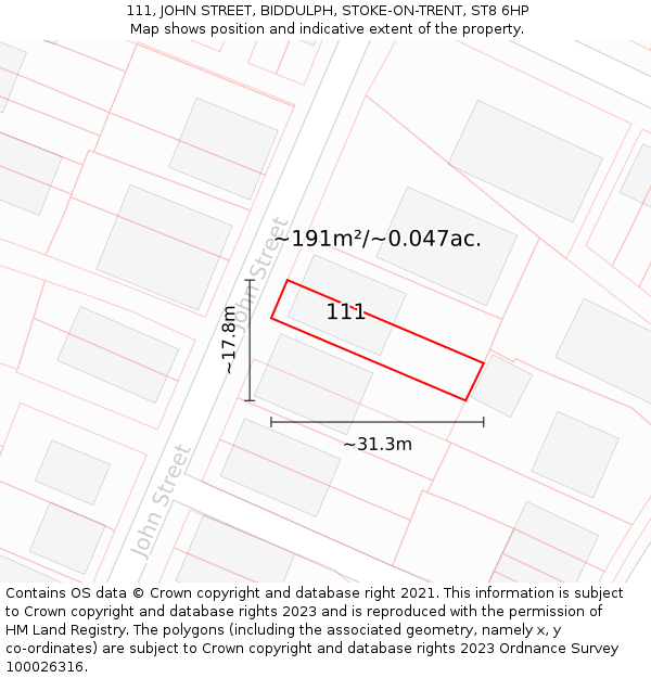 111, JOHN STREET, BIDDULPH, STOKE-ON-TRENT, ST8 6HP: Plot and title map