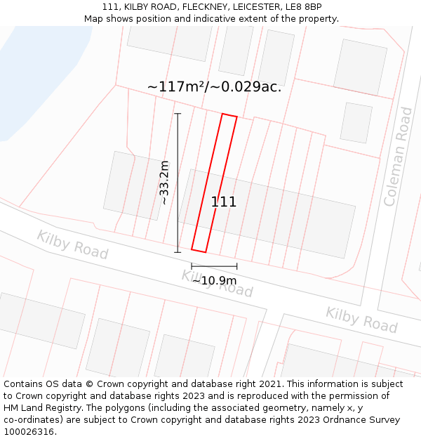 111, KILBY ROAD, FLECKNEY, LEICESTER, LE8 8BP: Plot and title map