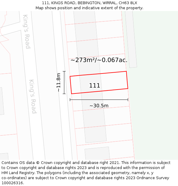 111, KINGS ROAD, BEBINGTON, WIRRAL, CH63 8LX: Plot and title map