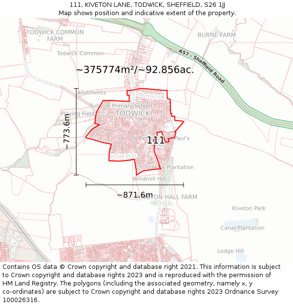 111, KIVETON LANE, TODWICK, SHEFFIELD, S26 1JJ: Plot and title map