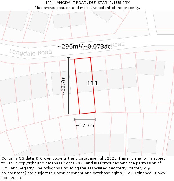 111, LANGDALE ROAD, DUNSTABLE, LU6 3BX: Plot and title map