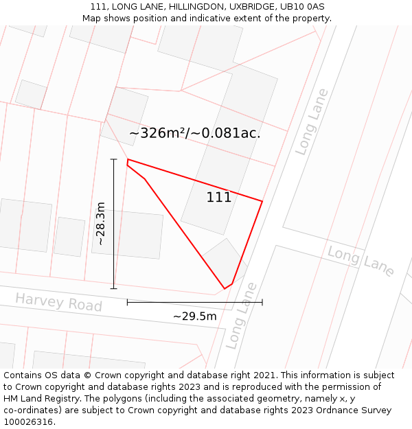 111, LONG LANE, HILLINGDON, UXBRIDGE, UB10 0AS: Plot and title map