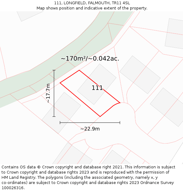 111, LONGFIELD, FALMOUTH, TR11 4SL: Plot and title map