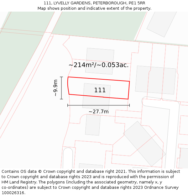 111, LYVELLY GARDENS, PETERBOROUGH, PE1 5RR: Plot and title map