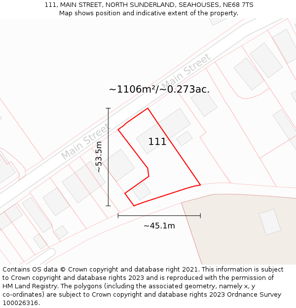 111, MAIN STREET, NORTH SUNDERLAND, SEAHOUSES, NE68 7TS: Plot and title map