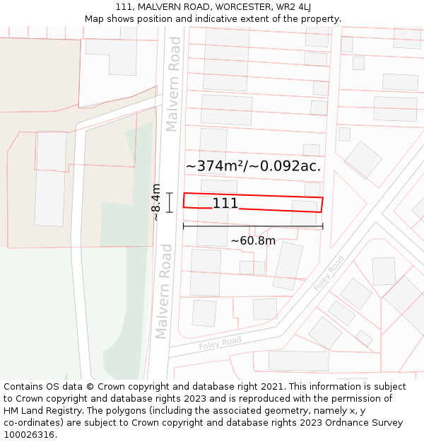 111, MALVERN ROAD, WORCESTER, WR2 4LJ: Plot and title map