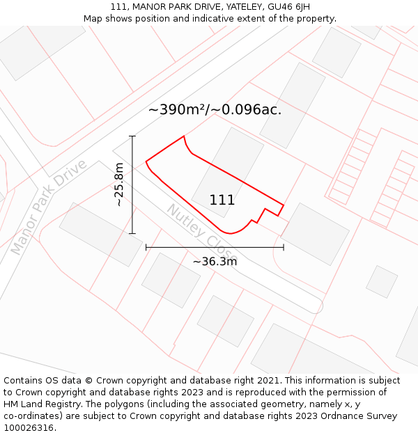 111, MANOR PARK DRIVE, YATELEY, GU46 6JH: Plot and title map