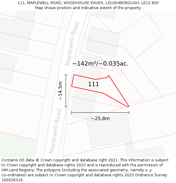 111, MAPLEWELL ROAD, WOODHOUSE EAVES, LOUGHBOROUGH, LE12 8QY: Plot and title map