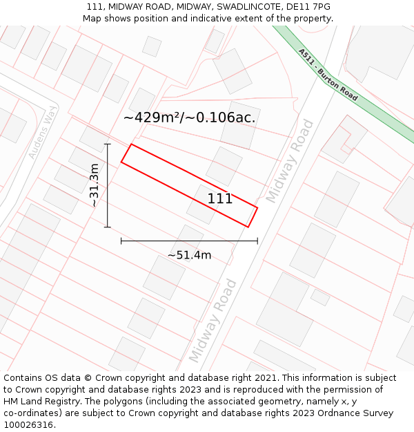 111, MIDWAY ROAD, MIDWAY, SWADLINCOTE, DE11 7PG: Plot and title map