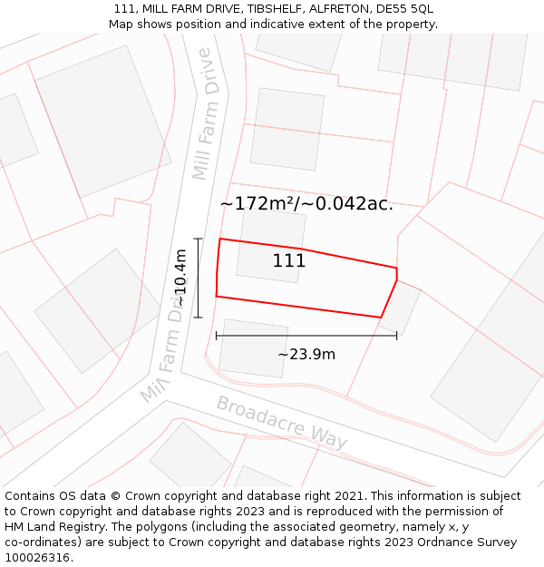 111, MILL FARM DRIVE, TIBSHELF, ALFRETON, DE55 5QL: Plot and title map