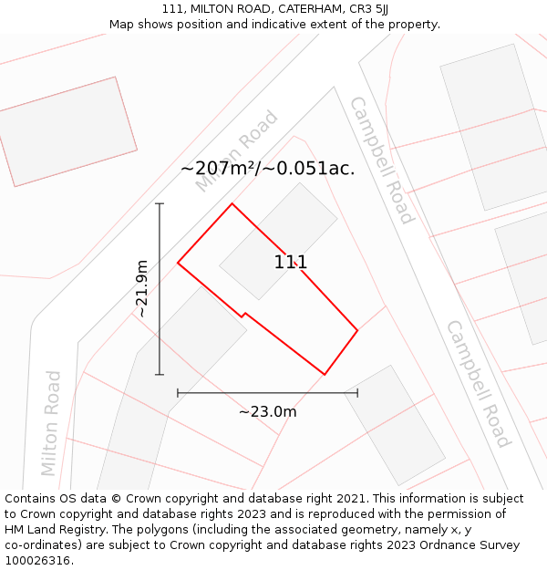 111, MILTON ROAD, CATERHAM, CR3 5JJ: Plot and title map