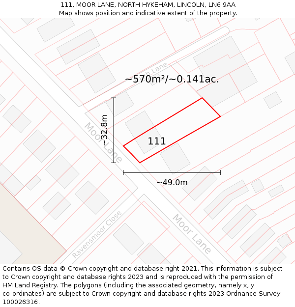 111, MOOR LANE, NORTH HYKEHAM, LINCOLN, LN6 9AA: Plot and title map