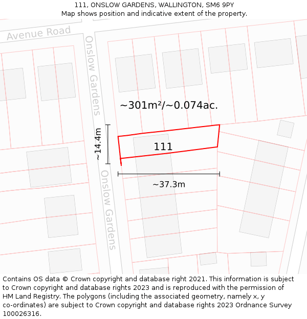 111, ONSLOW GARDENS, WALLINGTON, SM6 9PY: Plot and title map