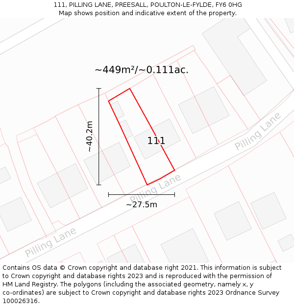 111, PILLING LANE, PREESALL, POULTON-LE-FYLDE, FY6 0HG: Plot and title map