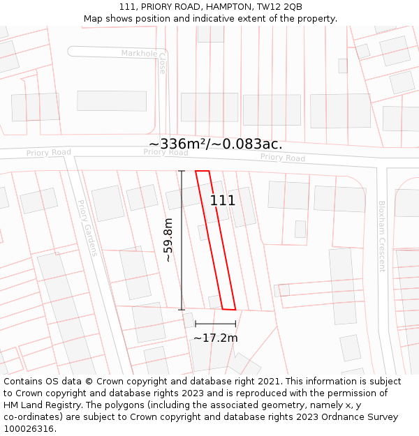 111, PRIORY ROAD, HAMPTON, TW12 2QB: Plot and title map