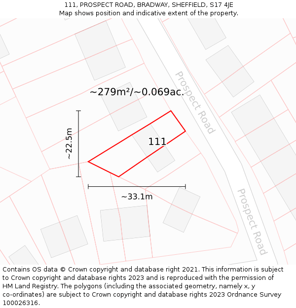 111, PROSPECT ROAD, BRADWAY, SHEFFIELD, S17 4JE: Plot and title map