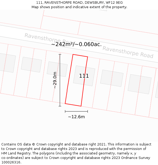 111, RAVENSTHORPE ROAD, DEWSBURY, WF12 9EG: Plot and title map