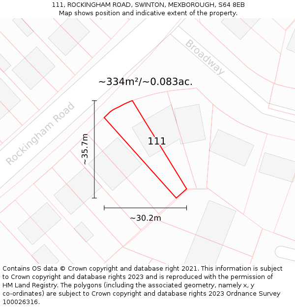 111, ROCKINGHAM ROAD, SWINTON, MEXBOROUGH, S64 8EB: Plot and title map