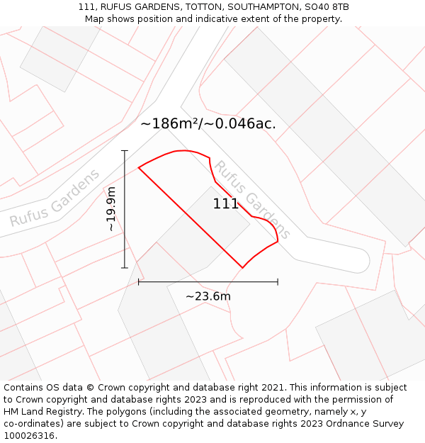 111, RUFUS GARDENS, TOTTON, SOUTHAMPTON, SO40 8TB: Plot and title map