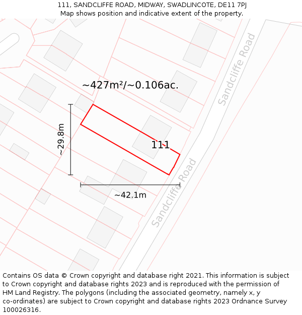 111, SANDCLIFFE ROAD, MIDWAY, SWADLINCOTE, DE11 7PJ: Plot and title map