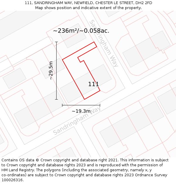 111, SANDRINGHAM WAY, NEWFIELD, CHESTER LE STREET, DH2 2FD: Plot and title map