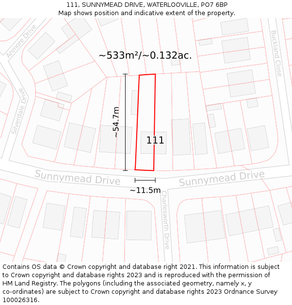 111, SUNNYMEAD DRIVE, WATERLOOVILLE, PO7 6BP: Plot and title map