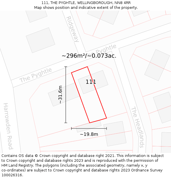 111, THE PYGHTLE, WELLINGBOROUGH, NN8 4RR: Plot and title map