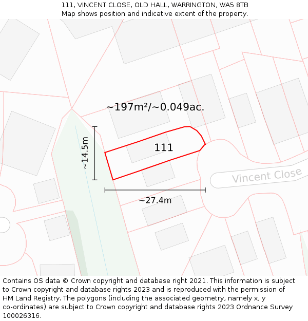 111, VINCENT CLOSE, OLD HALL, WARRINGTON, WA5 8TB: Plot and title map