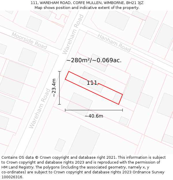 111, WAREHAM ROAD, CORFE MULLEN, WIMBORNE, BH21 3JZ: Plot and title map