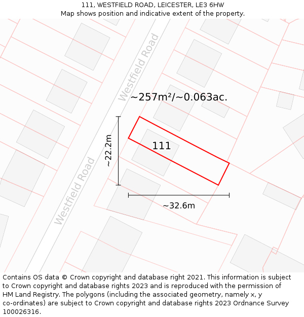 111, WESTFIELD ROAD, LEICESTER, LE3 6HW: Plot and title map